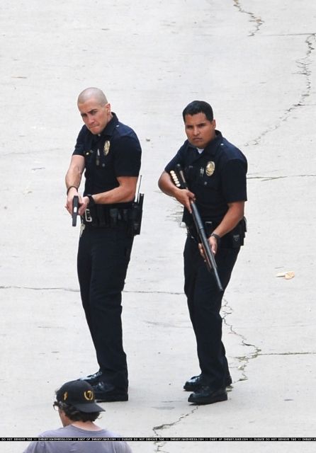 Jake Gyllenhaal and Michael Pe&#241a on the set of End of Watch #1