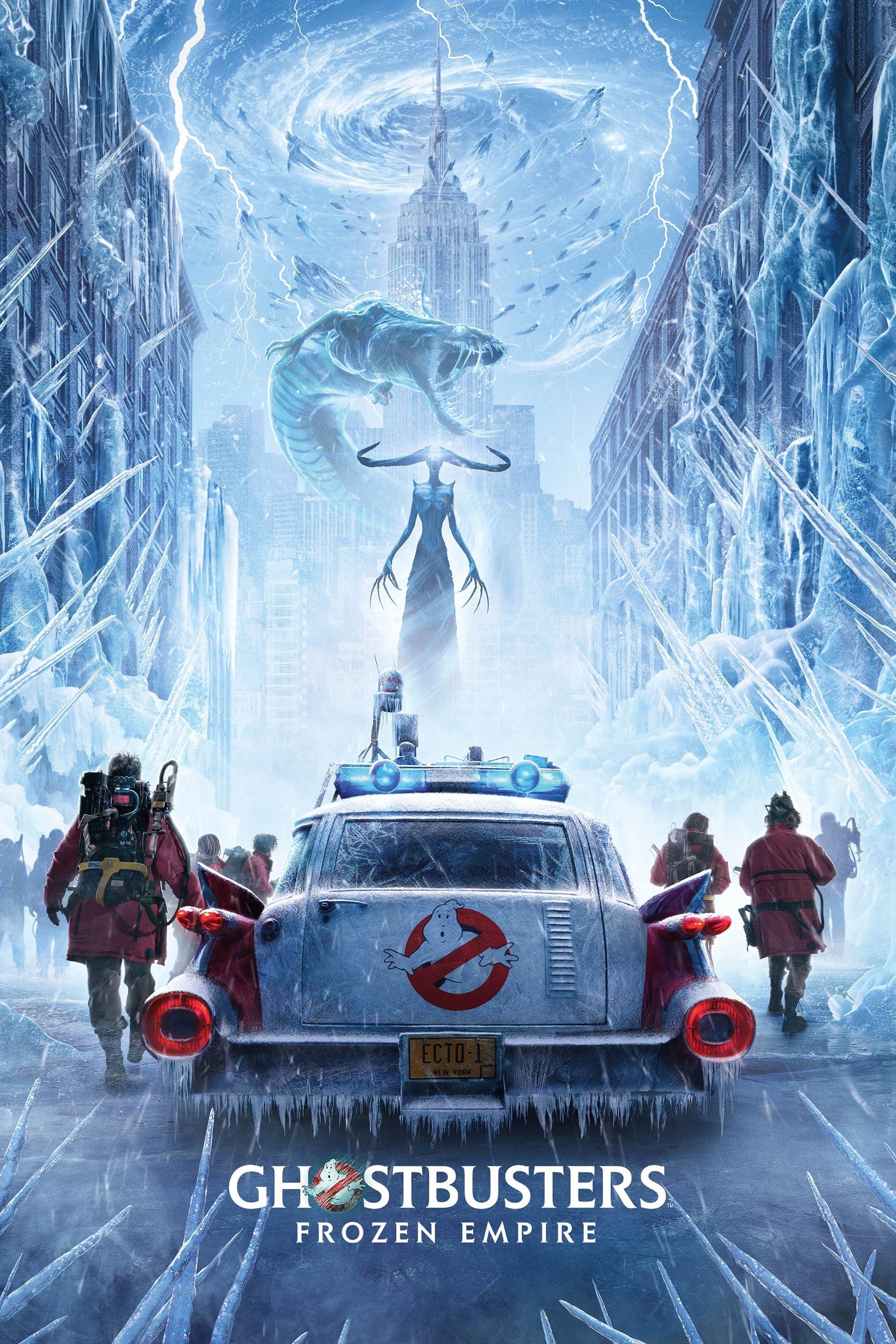 Ghostbusters Frozen Empire Poster Featuring the Crew Steppingout of Ecto 1 and Facing Ice Creatures in New York