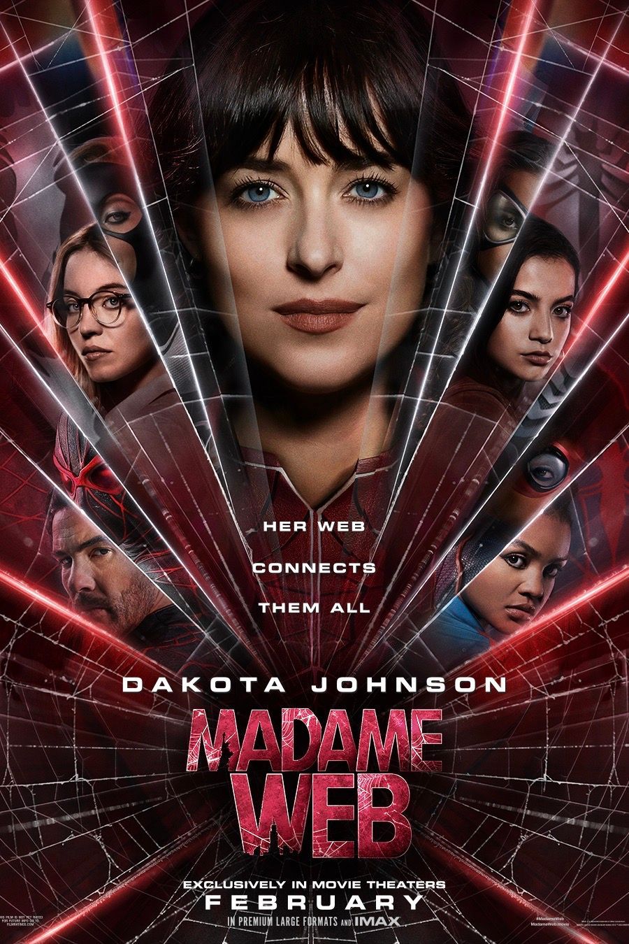 Madame Web Movie Poster Featuring Sydney Sweeney as Julia Carpenter, Isabela Merced as Anya Corazon, Dakota Johnson as Cassandra Webb, Celeste O'Connor as Mattie Franklin, and Tahar Rahim as Ezekiel Sims