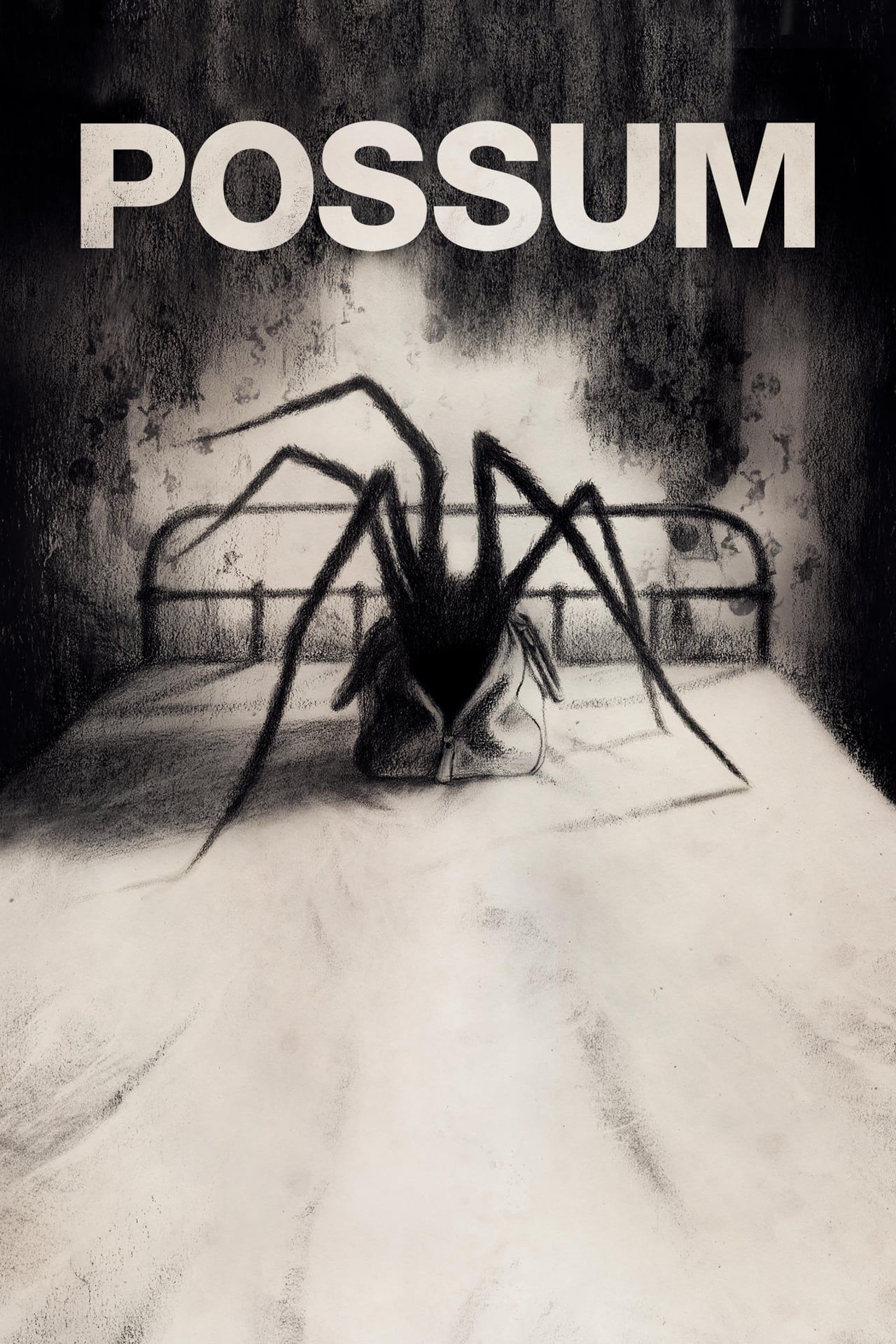 Possum Movie Poster Showing a Spider on A Bed Crawling Out of a Bag